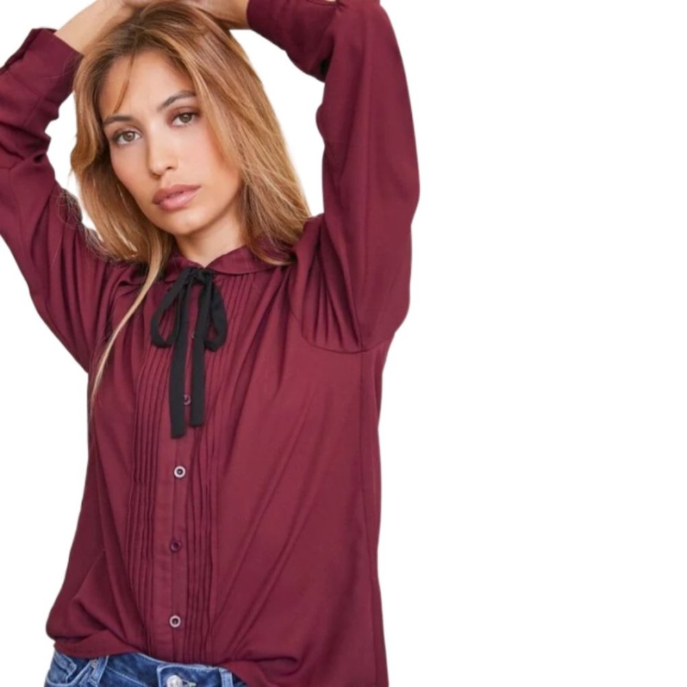 FOREVER 21 Burgundy Pintucked Tie-Neck Shirt, size S